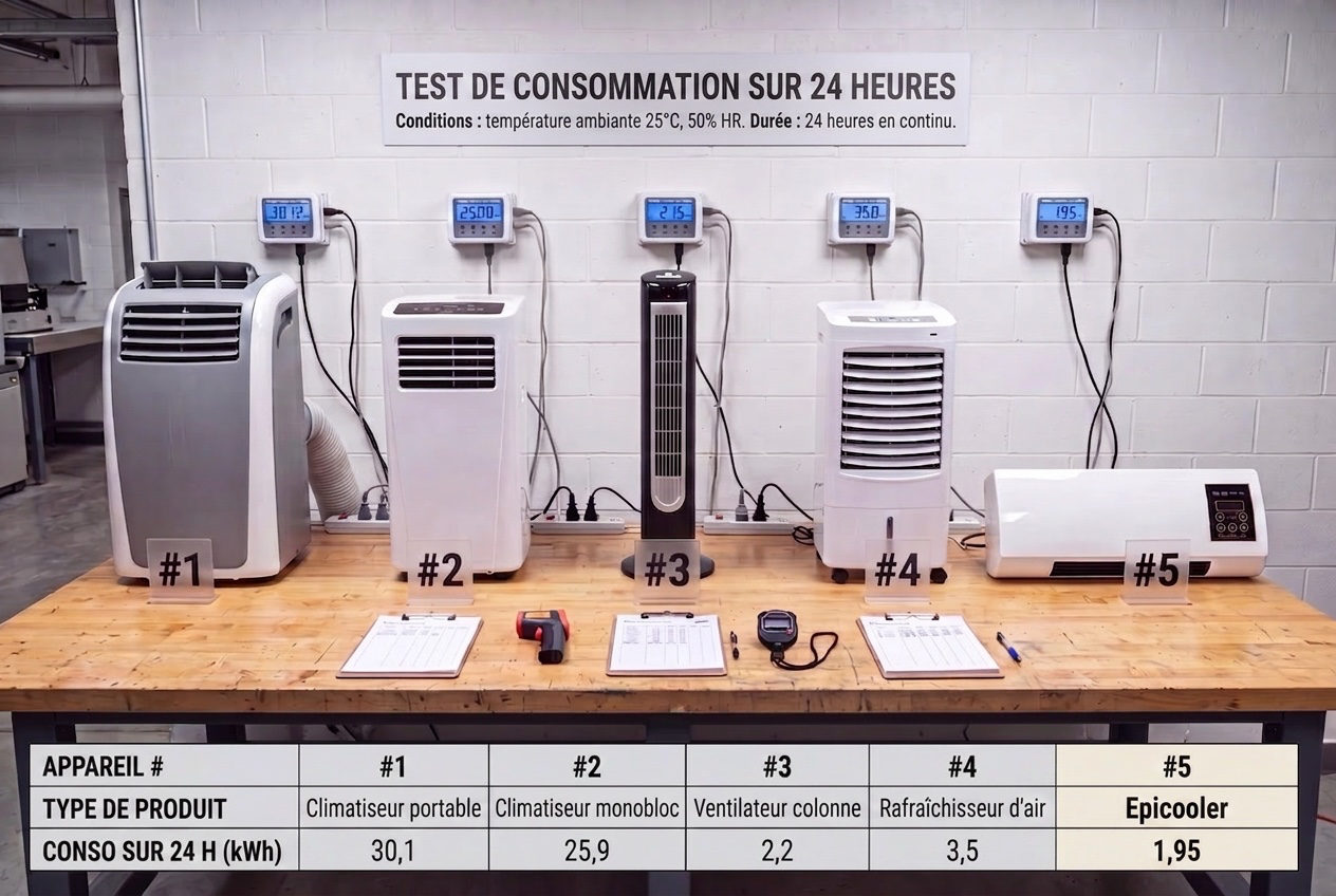 Test de consommation sur 24 heures en laboratoire — cinq appareils branchés au wattmètre, l'EpiCooler Auggeliqui avec la consommation la plus faible
