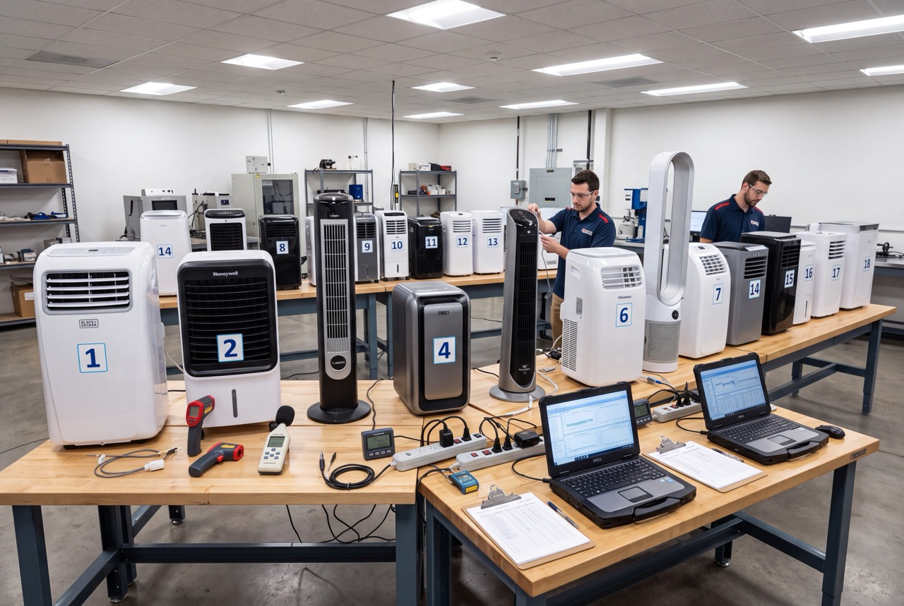 Laboratoire de test avec 20 appareils de refroidissement numérotés — du monobloc au ventilateur colonne
