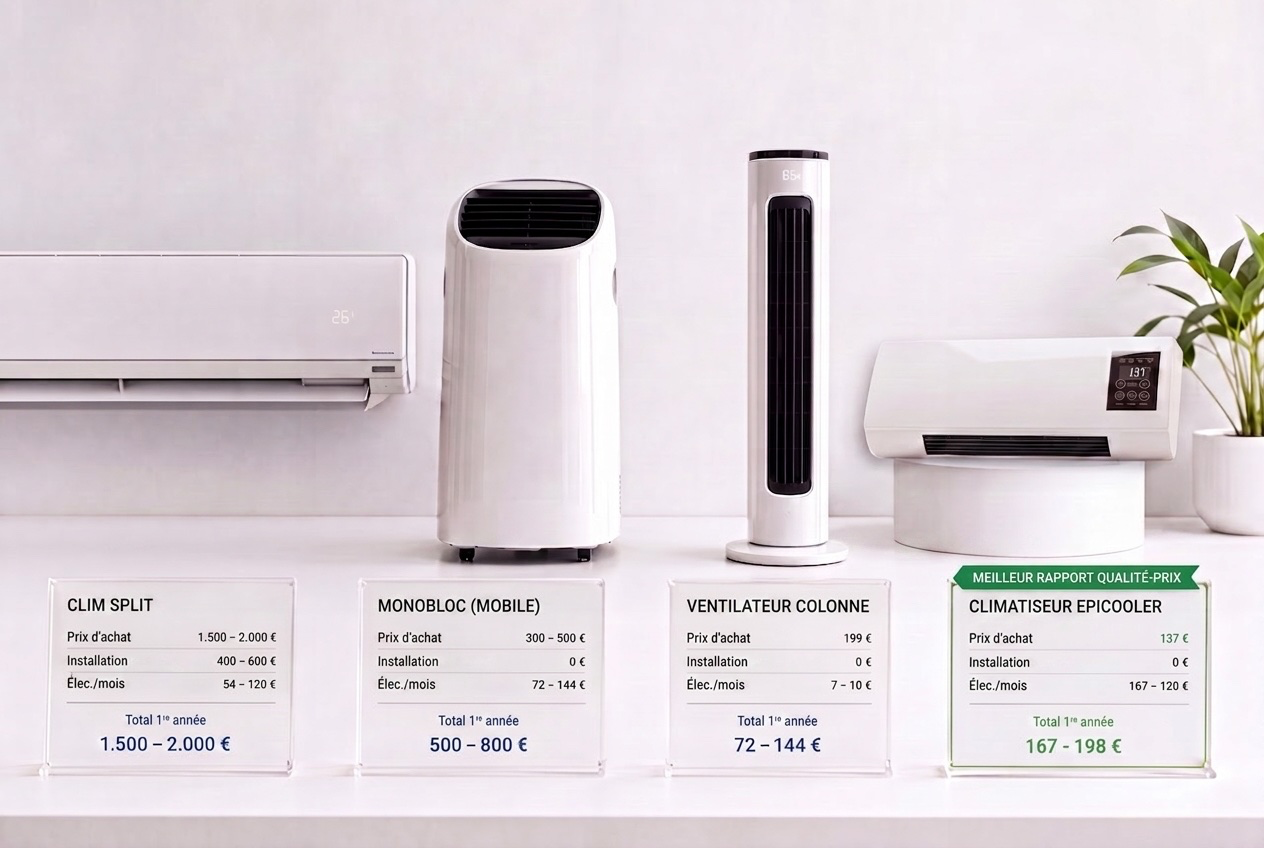 Comparaison des prix en studio : clim split, monobloc, ventilateur colonne et EpiCooler Auggeliqui avec le coût total la première année