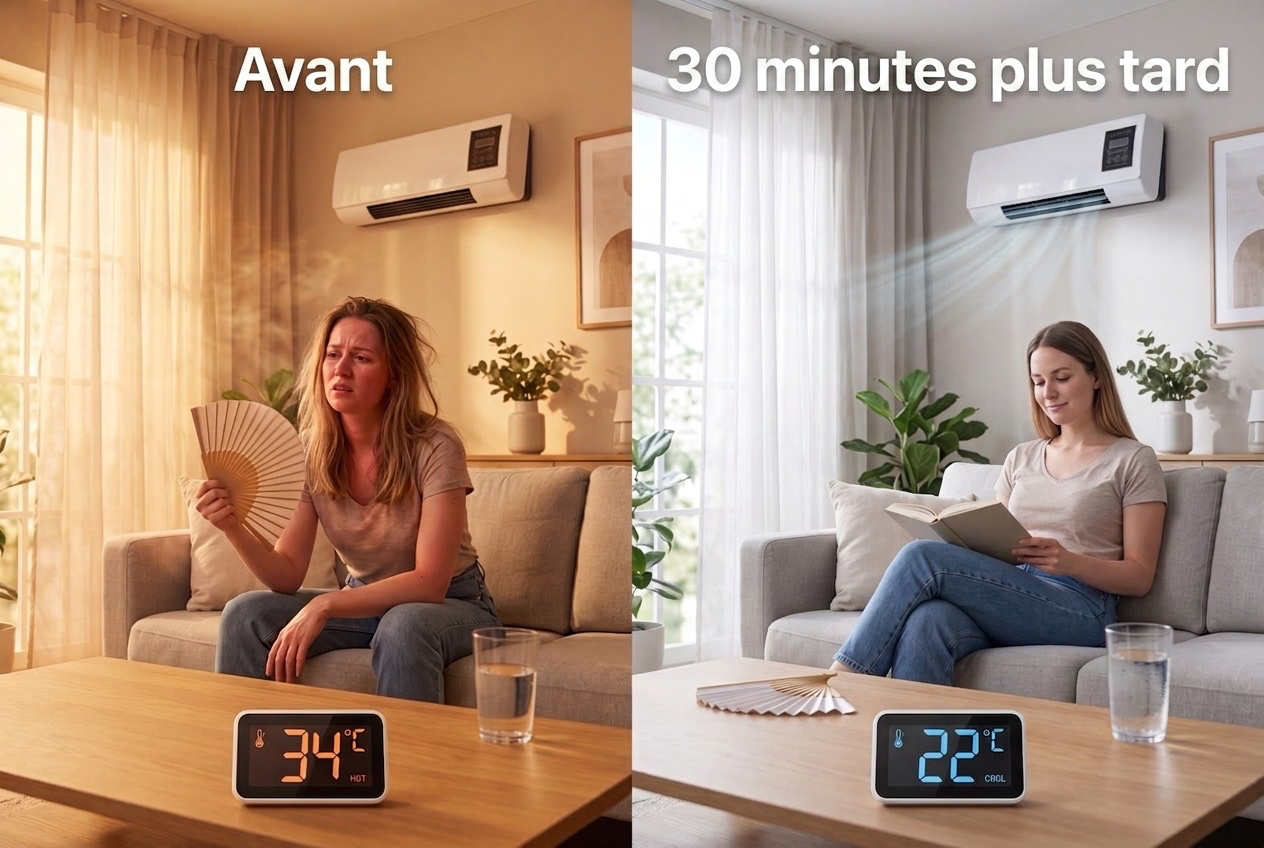 Comparaison avant/après : 34 °C de chaleur étouffante — 30 minutes plus tard, 22 °C agréables avec l'EpiCooler Auggeliqui