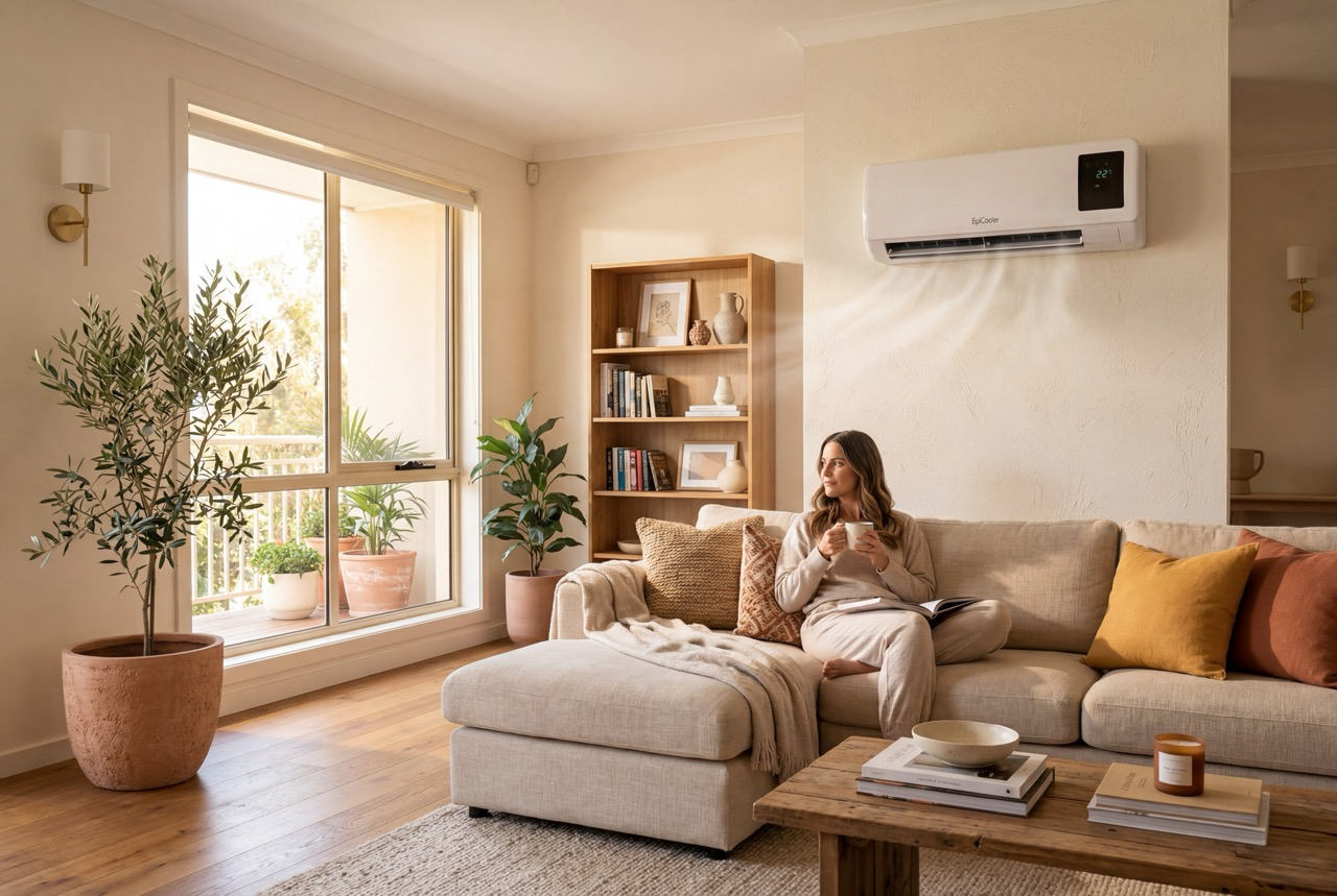 Après-midi détendu dans un salon agréablement frais — l'EpiCooler Auggeliqui rafraîchit tout le logement